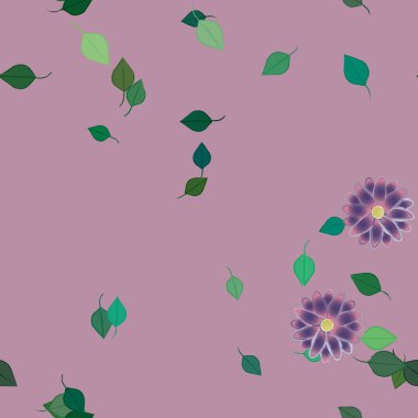 Basit renkli çiçeklerle kusursuz desen ve duvar kağıdı için yeşil yapraklar, vektör illüstrasyonu