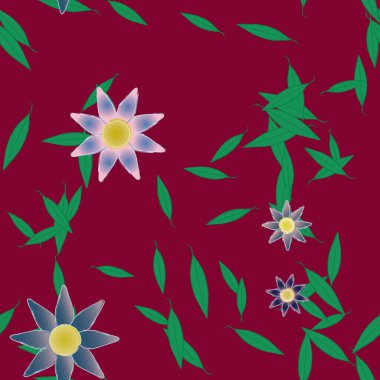 basit renkli çiçekleri olan serbest kompozisyon ve duvar kağıdı için yeşil yapraklar, vektör illüstrasyonu