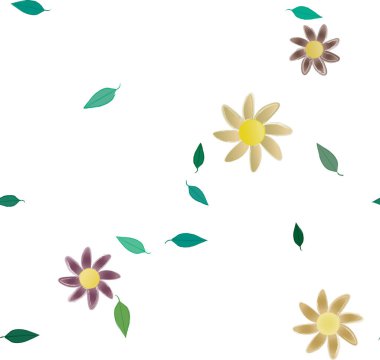 Basit renkli çiçeklerle kusursuz desen ve duvar kağıdı için yeşil yapraklar, vektör illüstrasyonu