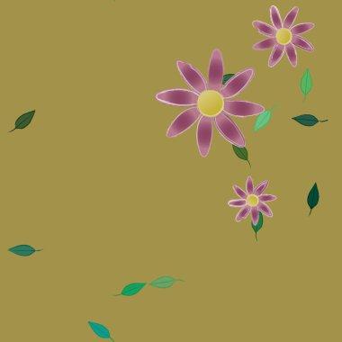 basit renkli çiçekleri olan serbest kompozisyon ve duvar kağıdı için yeşil yapraklar, vektör illüstrasyonu