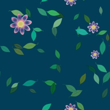 Basit renkli çiçeklerle kusursuz desen ve duvar kağıdı için yeşil yapraklar, vektör illüstrasyonu