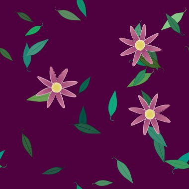 Basit renkli çiçeklerle kusursuz desen ve duvar kağıdı için yeşil yapraklar, vektör illüstrasyonu