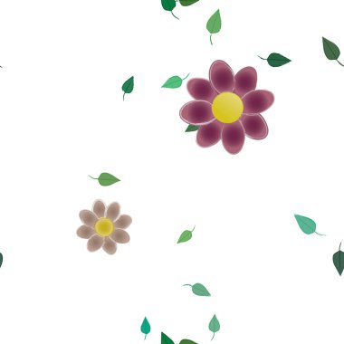 Basit renkli çiçeklerle kusursuz desen ve duvar kağıdı için yeşil yapraklar, vektör illüstrasyonu