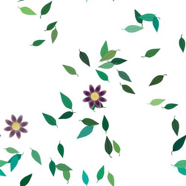 Basit renkli çiçeklerle kusursuz desen ve duvar kağıdı için yeşil yapraklar, vektör illüstrasyonu