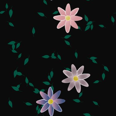 Basit renkli çiçeklerle kusursuz desen ve duvar kağıdı için yeşil yapraklar, vektör illüstrasyonu