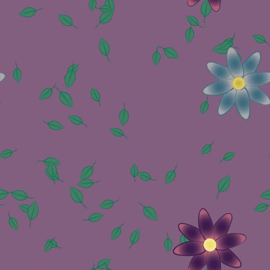 Basit renkli çiçeklerle kusursuz desen ve duvar kağıdı için yeşil yapraklar, vektör illüstrasyonu