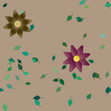 Basit renkli çiçeklerle kusursuz desen ve duvar kağıdı için yeşil yapraklar, vektör illüstrasyonu