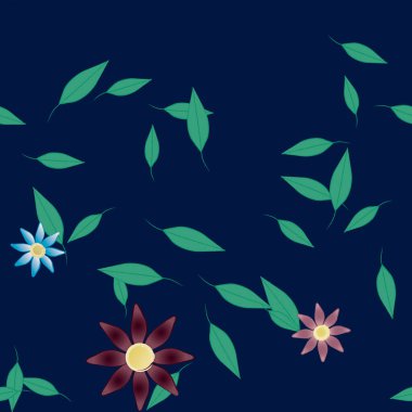 Basit renkli çiçeklerle kusursuz desen ve duvar kağıdı için yeşil yapraklar, vektör illüstrasyonu