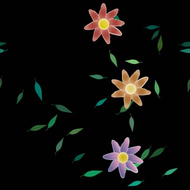 Basit renkli çiçeklerle kusursuz desen ve duvar kağıdı için yeşil yapraklar, vektör illüstrasyonu