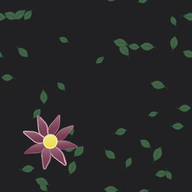 Basit renkli çiçeklerle kusursuz desen ve duvar kağıdı için yeşil yapraklar, vektör illüstrasyonu