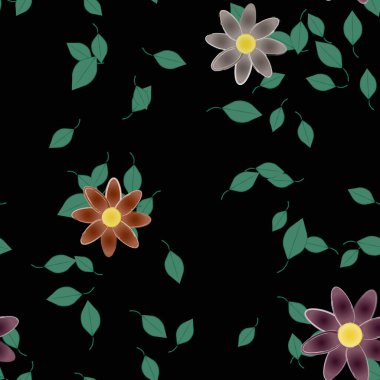 basit renkli çiçekleri olan serbest kompozisyon ve duvar kağıdı için yeşil yapraklar, vektör illüstrasyonu