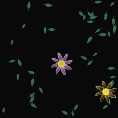 basit renkli çiçekleri olan serbest kompozisyon ve duvar kağıdı için yeşil yapraklar, vektör illüstrasyonu