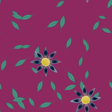 basit renkli çiçekleri olan serbest kompozisyon ve duvar kağıdı için yeşil yapraklar, vektör illüstrasyonu