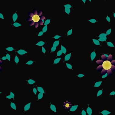 basit renkli çiçekleri olan serbest kompozisyon ve duvar kağıdı için yeşil yapraklar, vektör illüstrasyonu