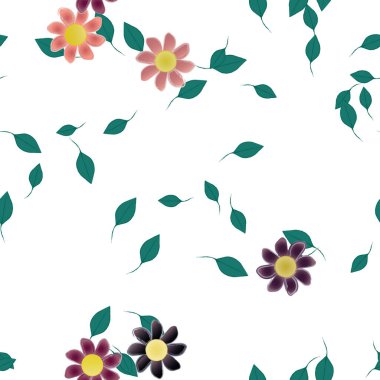 basit renkli çiçekleri olan serbest kompozisyon ve duvar kağıdı için yeşil yapraklar, vektör illüstrasyonu