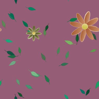 basit renkli çiçekleri olan serbest kompozisyon ve duvar kağıdı için yeşil yapraklar, vektör illüstrasyonu