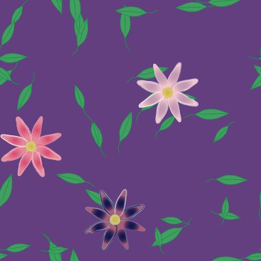 Basit renkli çiçeklerle kusursuz desen ve duvar kağıdı için yeşil yapraklar, vektör illüstrasyonu