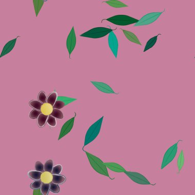 Basit renkli çiçeklerle kusursuz desen ve duvar kağıdı için yeşil yapraklar, vektör illüstrasyonu