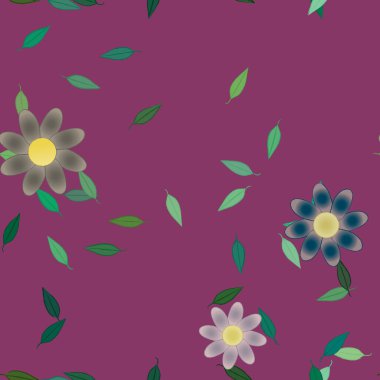 Basit renkli çiçeklerle kusursuz desen ve duvar kağıdı için yeşil yapraklar, vektör illüstrasyonu