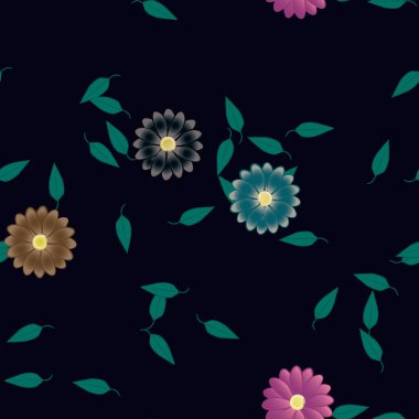 Basit renkli çiçeklerle kusursuz desen ve duvar kağıdı için yeşil yapraklar, vektör illüstrasyonu