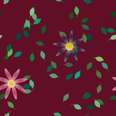 basit renkli çiçekleri olan serbest kompozisyon ve duvar kağıdı için yeşil yapraklar, vektör illüstrasyonu