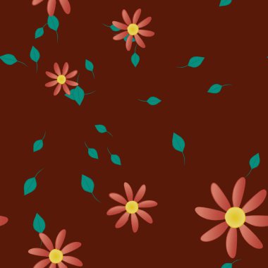 basit renkli çiçekleri olan serbest kompozisyon ve duvar kağıdı için yeşil yapraklar, vektör illüstrasyonu