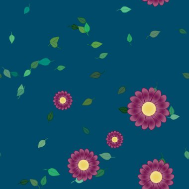 Basit renkli çiçeklerle kusursuz desen ve duvar kağıdı için yeşil yapraklar, vektör illüstrasyonu