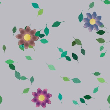 basit renkli çiçekleri olan serbest kompozisyon ve duvar kağıdı için yeşil yapraklar, vektör illüstrasyonu