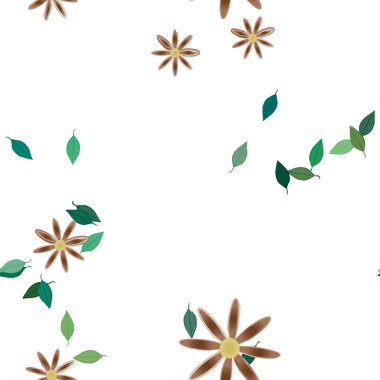 basit renkli çiçekleri olan serbest kompozisyon ve duvar kağıdı için yeşil yapraklar, vektör illüstrasyonu