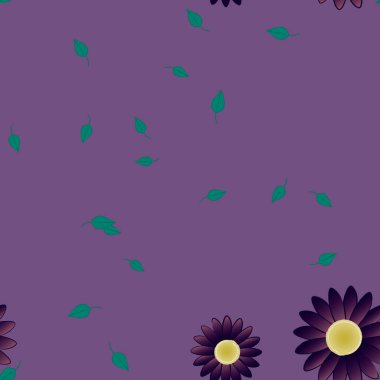 basit renkli çiçekleri olan serbest kompozisyon ve duvar kağıdı için yeşil yapraklar, vektör illüstrasyonu