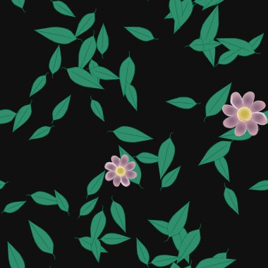 Basit renkli çiçeklerle kusursuz desen ve duvar kağıdı için yeşil yapraklar, vektör illüstrasyonu