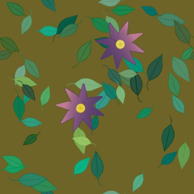 Basit renkli çiçeklerle kusursuz desen ve duvar kağıdı için yeşil yapraklar, vektör illüstrasyonu