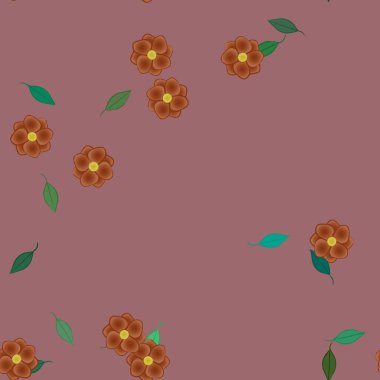 basit renkli çiçekleri olan serbest kompozisyon ve duvar kağıdı için yeşil yapraklar, vektör illüstrasyonu