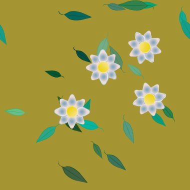 basit renkli çiçekleri olan serbest kompozisyon ve duvar kağıdı için yeşil yapraklar, vektör illüstrasyonu