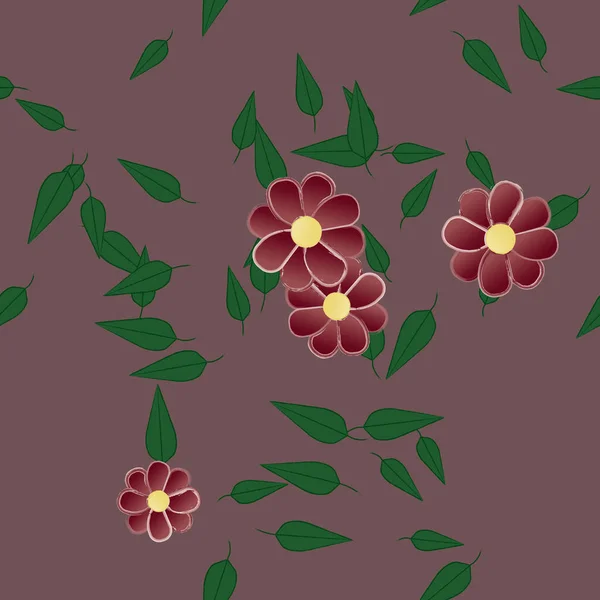 シンプルなカラフルな花と壁紙の緑の葉のシームレスなパターン ベクトルイラスト — ストックベクタ