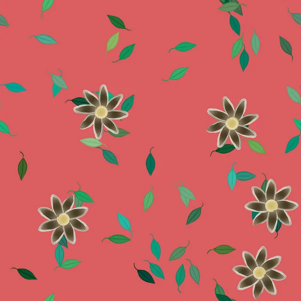 Seamless Pattern Simple Colorful Flowers Green Leaves Wallpaper Vector Illustration — Stock Vector