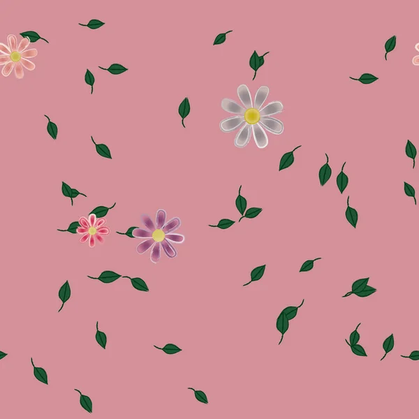 Motif Sans Couture Avec Des Fleurs Colorées Simples Feuilles Vertes — Image vectorielle