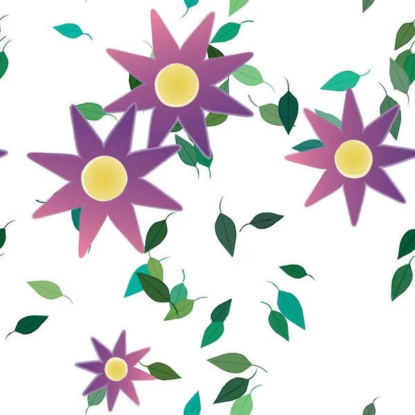 Seamless Pattern Simple Colorful Flowers Green Leaves Wallpaper Vector Illustration — Stock Vector