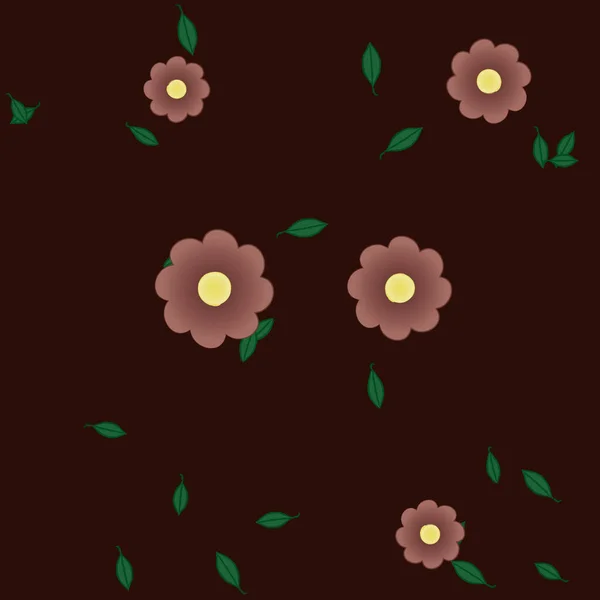 Sömlös Mönster Med Enkla Färgglada Blommor Och Gröna Blad För — Stock vektor