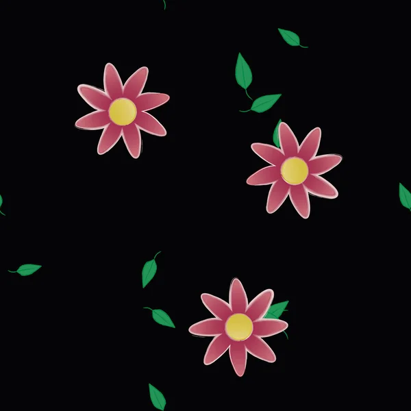 Бесшовный Узор Простыми Красочными Цветами Зелеными Листьями Обоев Векторная Иллюстрация — стоковый вектор
