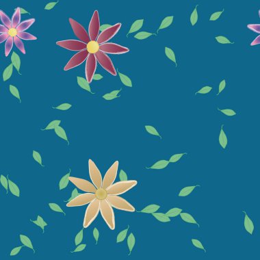 basit renkli çiçekleri olan serbest kompozisyon ve duvar kağıdı için yeşil yapraklar, vektör illüstrasyonu