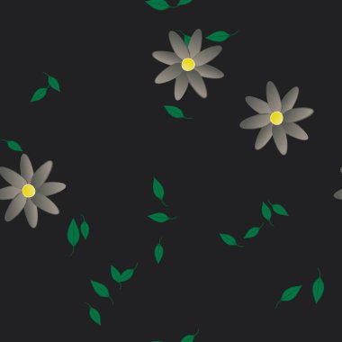 Basit renkli çiçeklerle kusursuz desen ve duvar kağıdı için yeşil yapraklar, vektör illüstrasyonu