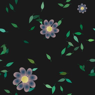 basit renkli çiçekleri olan serbest kompozisyon ve duvar kağıdı için yeşil yapraklar, vektör illüstrasyonu