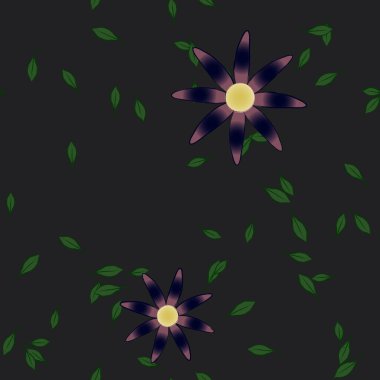 Basit renkli çiçeklerle kusursuz desen ve duvar kağıdı için yeşil yapraklar, vektör illüstrasyonu