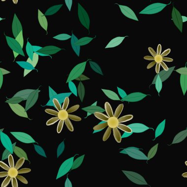 Basit renkli çiçeklerle kusursuz desen ve duvar kağıdı için yeşil yapraklar, vektör illüstrasyonu