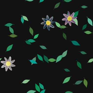 basit renkli çiçekleri olan serbest kompozisyon ve duvar kağıdı için yeşil yapraklar, vektör illüstrasyonu