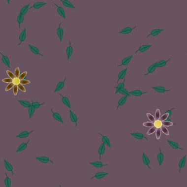 Basit renkli çiçeklerle kusursuz desen ve duvar kağıdı için yeşil yapraklar, vektör illüstrasyonu