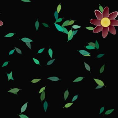 Basit renkli çiçeklerle kusursuz desen ve duvar kağıdı için yeşil yapraklar, vektör illüstrasyonu