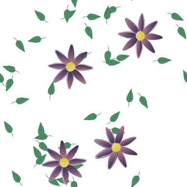 basit renkli çiçekleri olan serbest kompozisyon ve duvar kağıdı için yeşil yapraklar, vektör illüstrasyonu