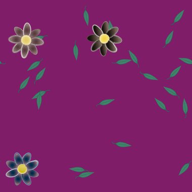 Basit renkli çiçeklerle kusursuz desen ve duvar kağıdı için yeşil yapraklar, vektör illüstrasyonu